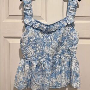 Crown and Ivy Blue and White Ruffled Smocked Blouse